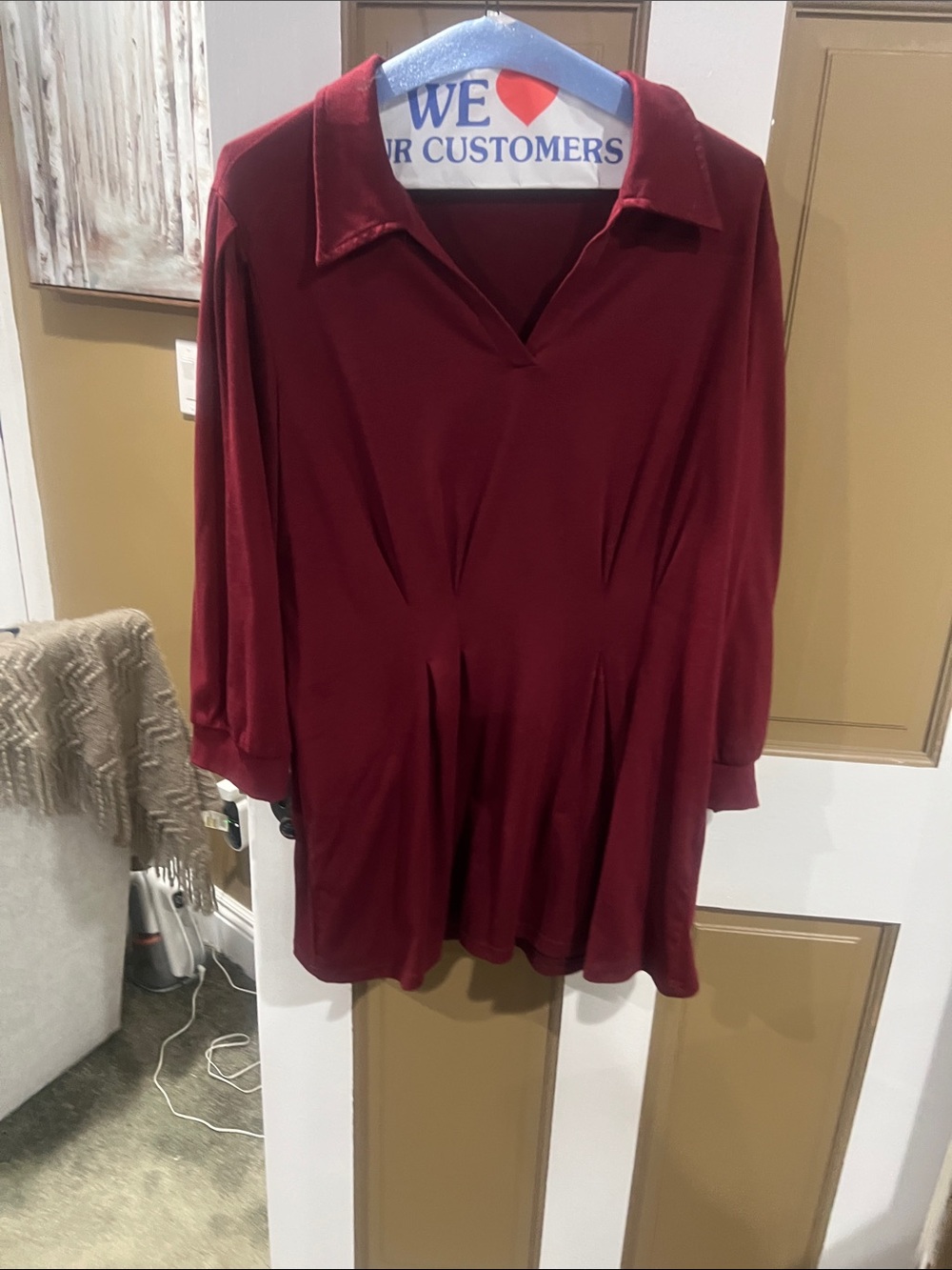 Women's Collared V-Neck Long Sleeve Top - Deep Burgundy